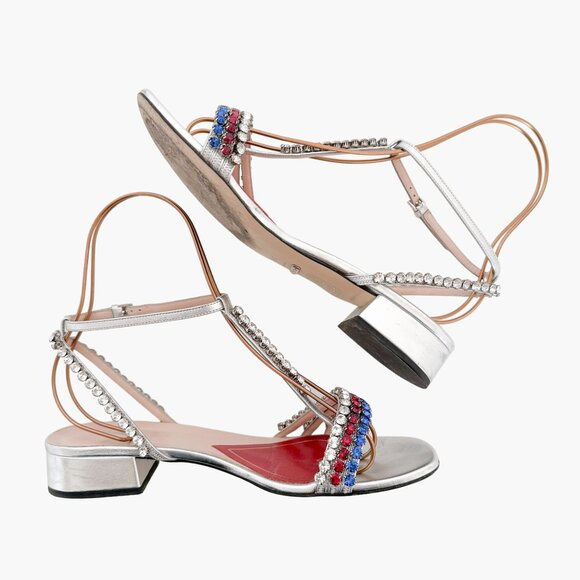 Gucci Bertie Crystal T-Strap Flat Sandals EU 37.5 US 7.5 Silver Red White Blue - Picture 8 of 13